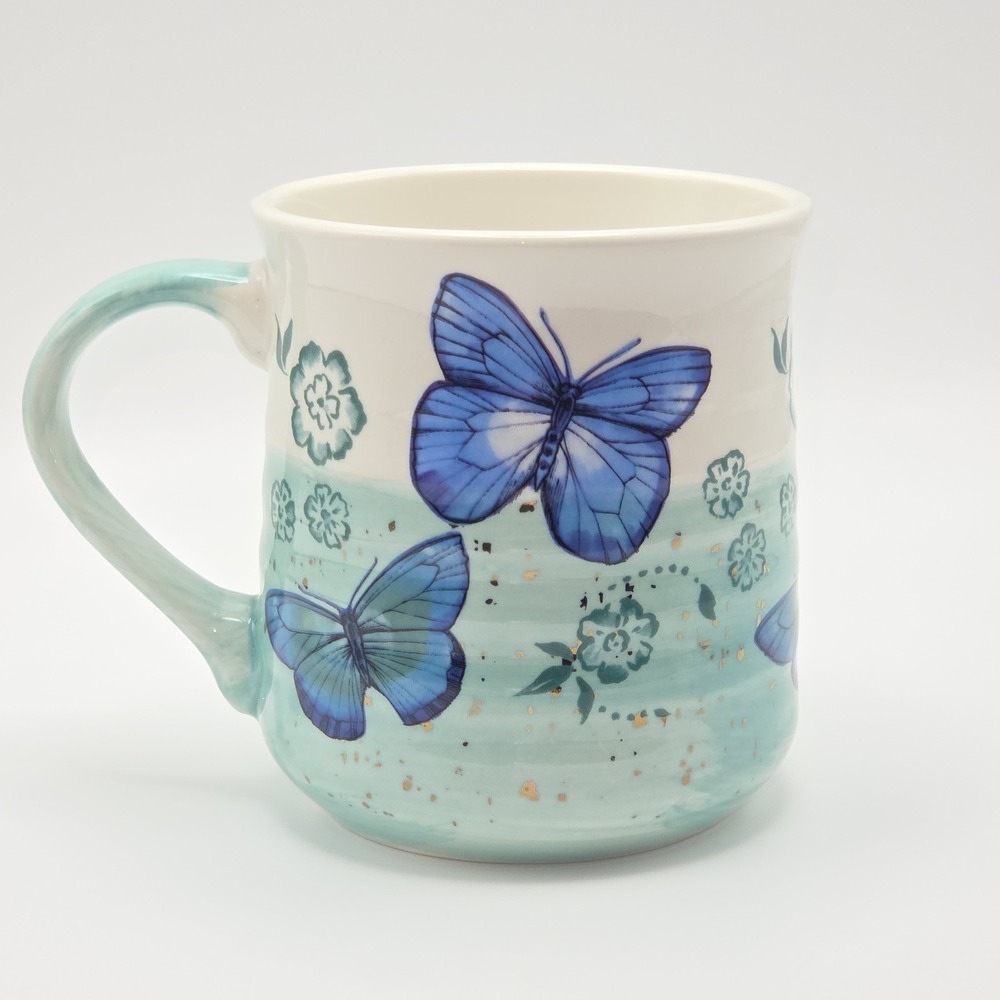 Sheffield Home Ceramic Coffee Mug Blue Butterfly Floral Aqua White 16oz NEW